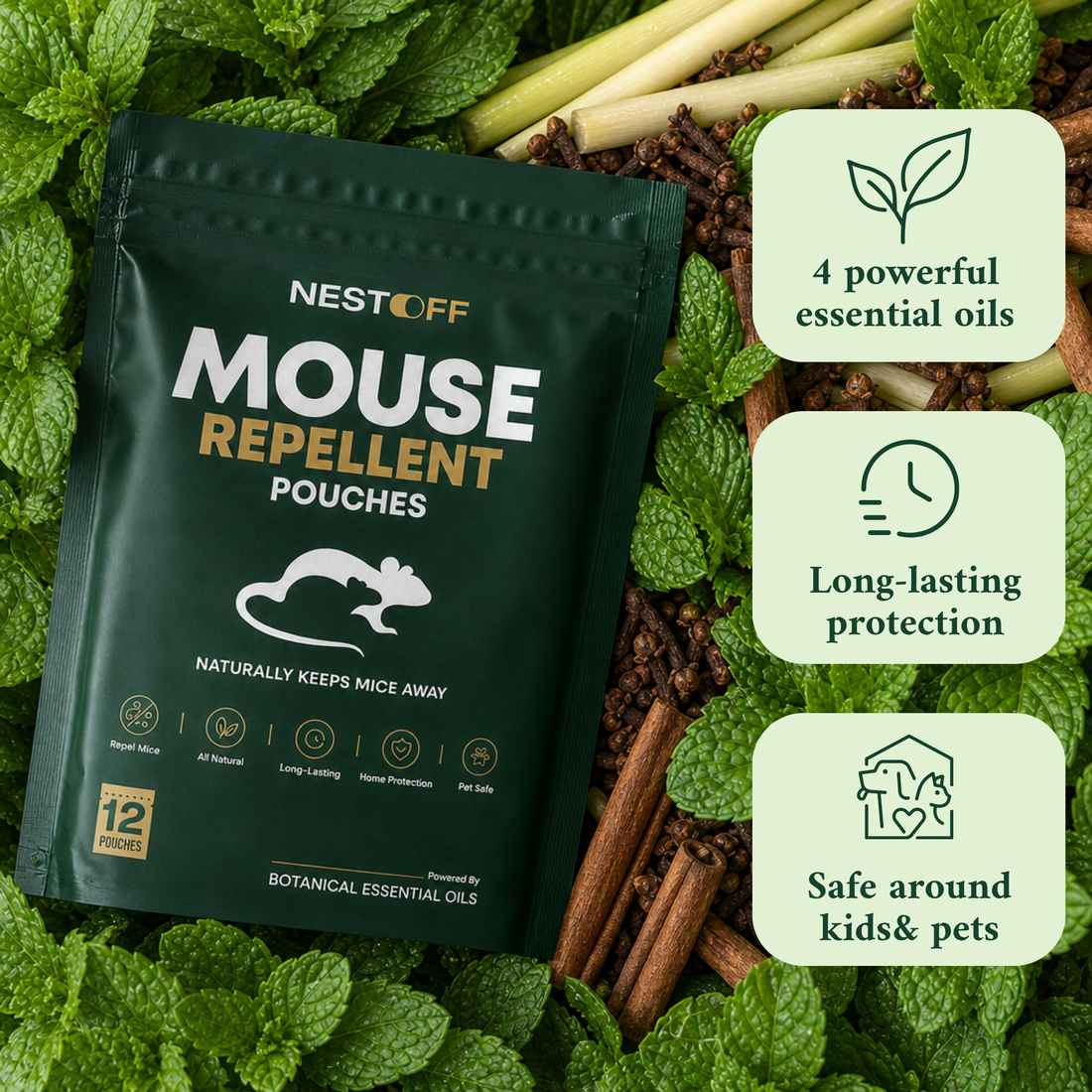 Ready-to-place botanical mouse repellent pouches