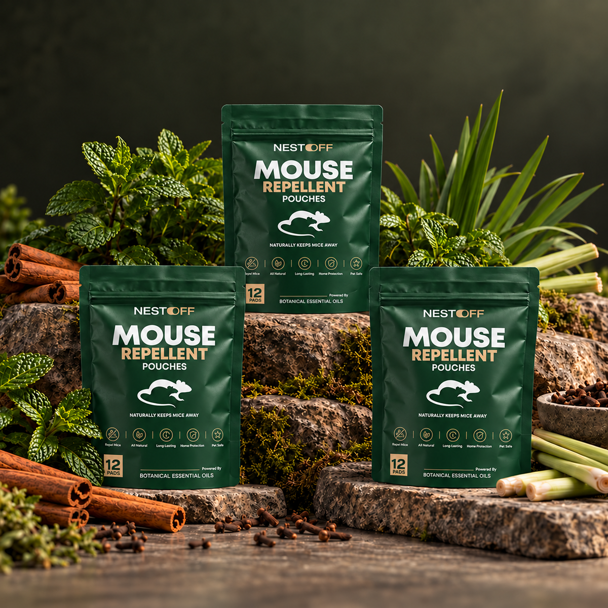 Botanical mouse repellent pouch package and ingredients